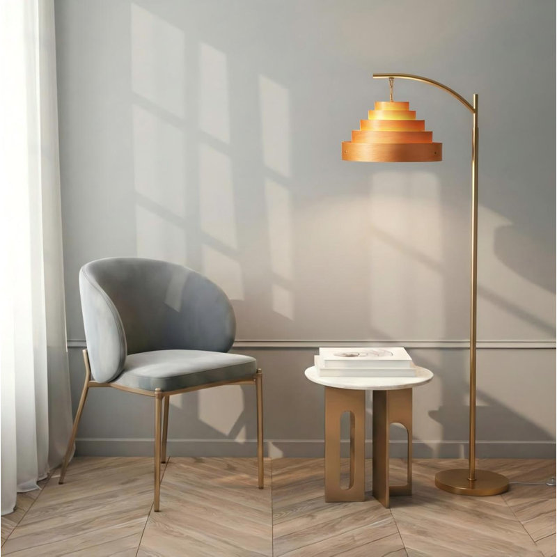 Lampe sur pied, lampe sur pied moderne Mid-Century avec abat-jour en bois stratifié, lampe de lecture haute (laiton antique)