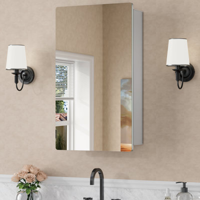 15 in. W x 26 in. H Frameless Medicine Cabinet with Mirror, 14.7 in. W x 26 in. H Mirror Door, Adjustable Tempered Glass Shelves, Reversible Door, Silver
