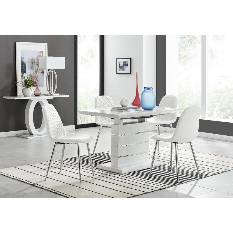 Corova 120Cm High Gloss Extending Dining Table And 4 Grey Gold Leg Chairs, White/Silver