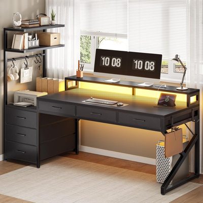 Modular L-Shaped Steel Computer Desk with Built-In Electrical Outlet