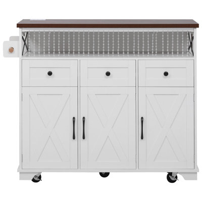 Îlot de cuisine 46,5 po avec rideau perlé, prise de courant, chariot roulant sur roulettes, abattant, 3 portes et 3 tiroirs, blanc