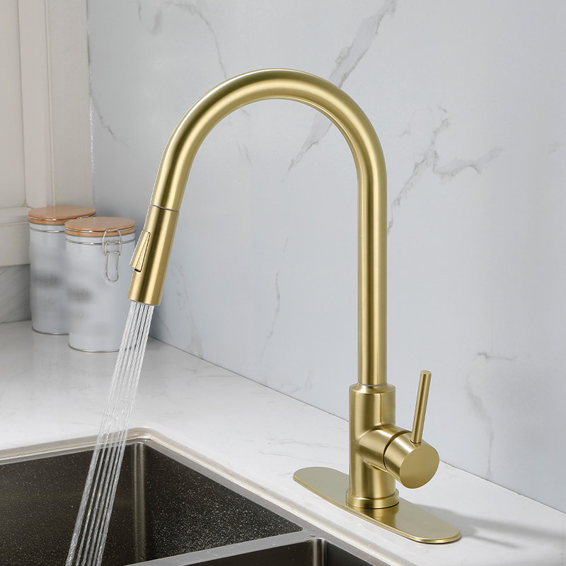 Single Hole Single Handle Pull-Down Kitchen Faucet, Gold