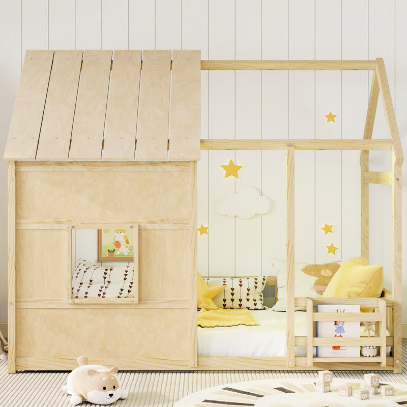 Lit simple au sol avec éclairage à DEL 7 couleurs Natural, structure en bois de haute qualité, coin-nuit semi-fermé, conception basse à terre, bibliothèque pour agencement de chambre à coucher