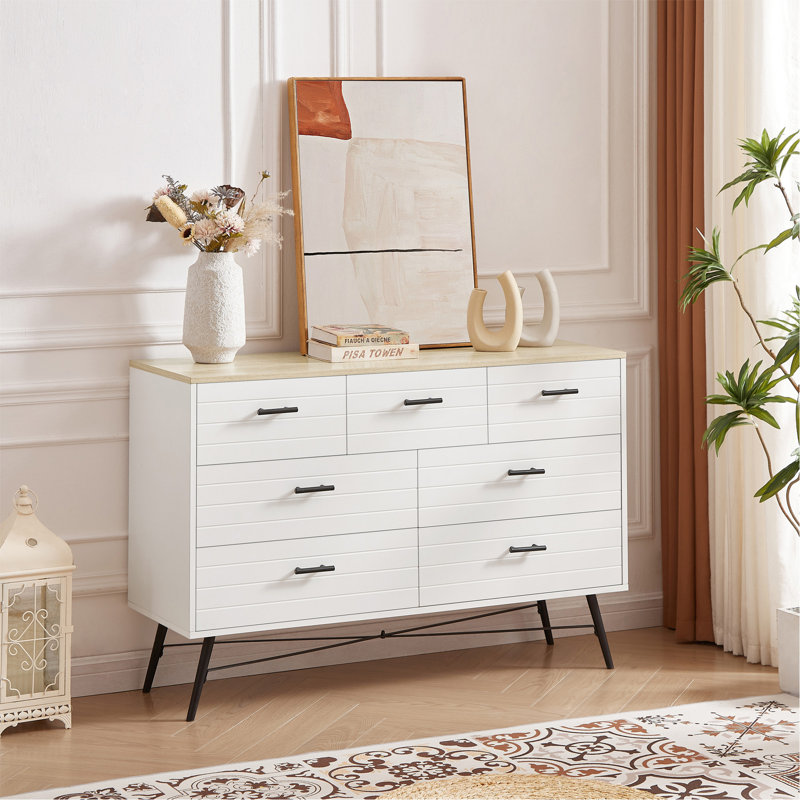 Commode 7 tiroirs pour chambre à coucher avec tiroirs profonds, commodes en bois et commode, commodes longues blanches modernes pour le placard du salon, l 47,2 po x P 15,7 po x H 31,5 po, blanc et chêne