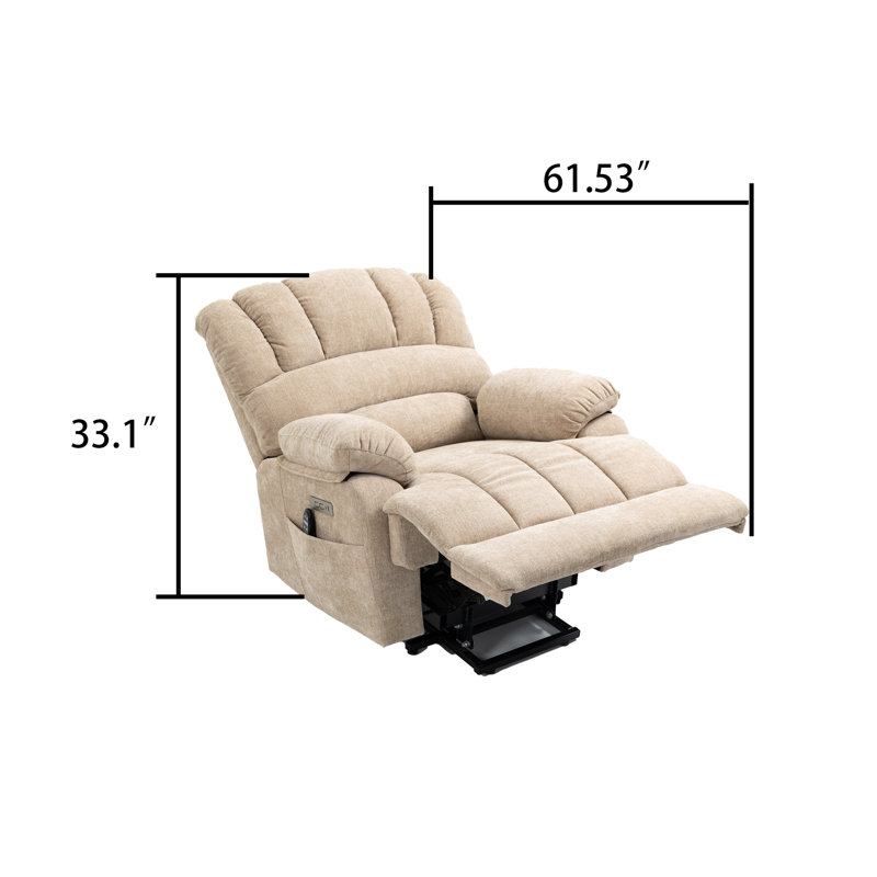 Large Size Power Chenille Upholstered Recliner Chair with Lift Base and Massage Heating Function, Beige