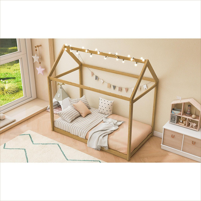 House-shaped Twin Bed Frame Solid Pine Wood Playful Design, Suited for Children’s Residential Bedroom Use, Brown