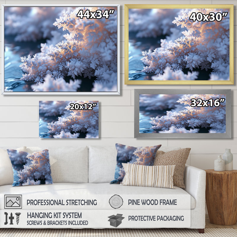 Fractal Universe Morning Snow - Botanicals Wall Art Living Room, Toile avec cadre flottant noir, H 24 po x l 32 po x P 1 po
