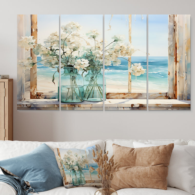 «Blue Window Beachfront View Blooms I - Coastal Window», art mural 4 pièces, H 28 po x l 48 po