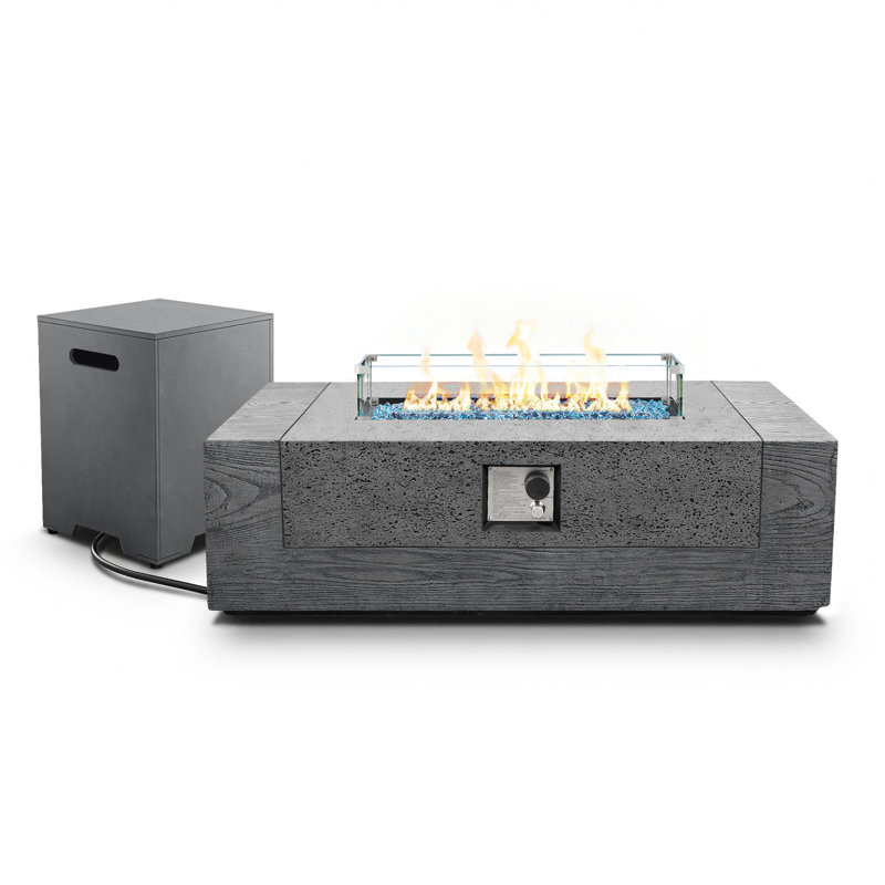 50-Inch Rectangular Concrete Propane Fire Pit Table with Tank Cover and Wind Guard,Cedar Gray, Cedar Gray