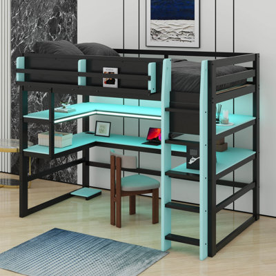 Lit mezzanine en bois avec bureau, support de rangement latéral, tablettes multiples et lumière RVB