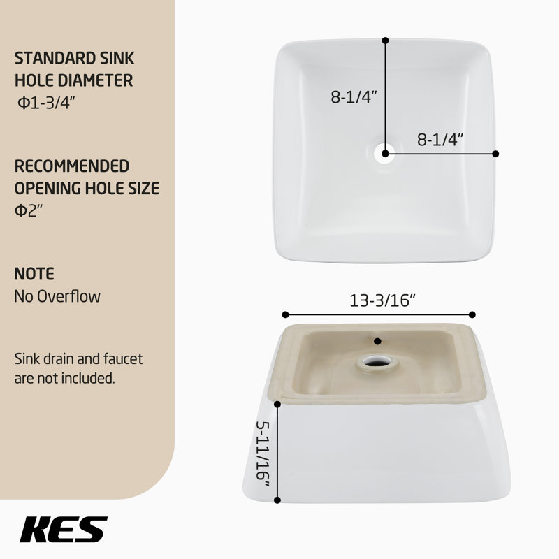 KES Bathroom Sink White Square Vessel Sink for Bathroom White Ceramic 17 Inch Above Counter