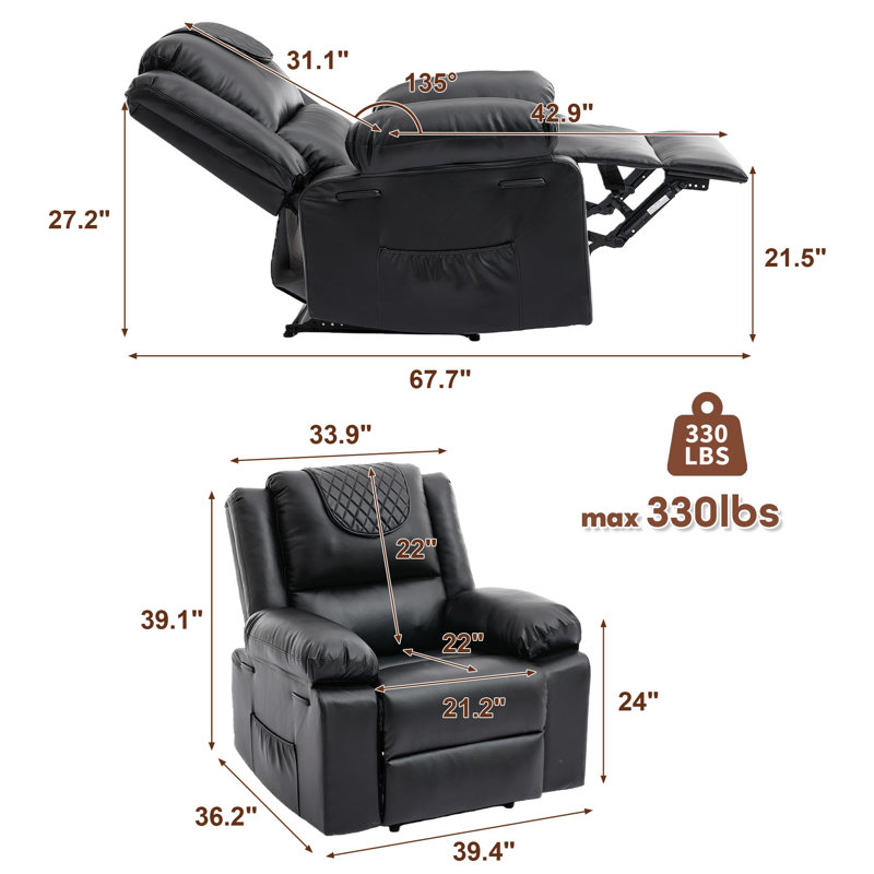 Manual Recliner Chair for Adults - 135° Front & Rear Adjustable, with Heating & Massage, Side Storage Pockets & Remote Control