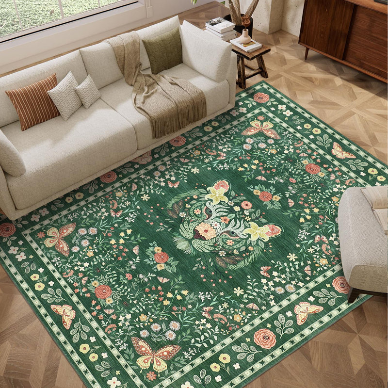 Tapis à poils longs lavable à la machine avec motif tigre et antidérapant, Green, Runner 2' x 6'