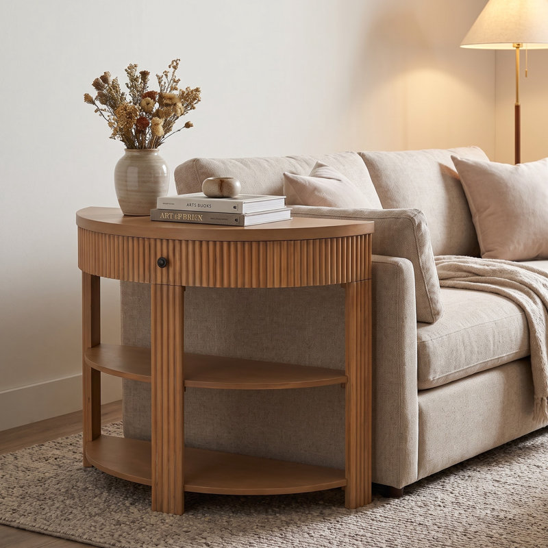 Console cannelée demi-lune avec tiroir et 2 tablettes ouvertes, Naturel