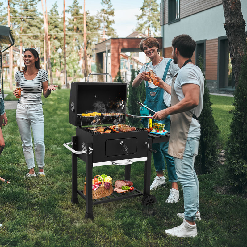 Barbecue d'extérieur au charbon de bois avec table d'appoint pliable et roulettes