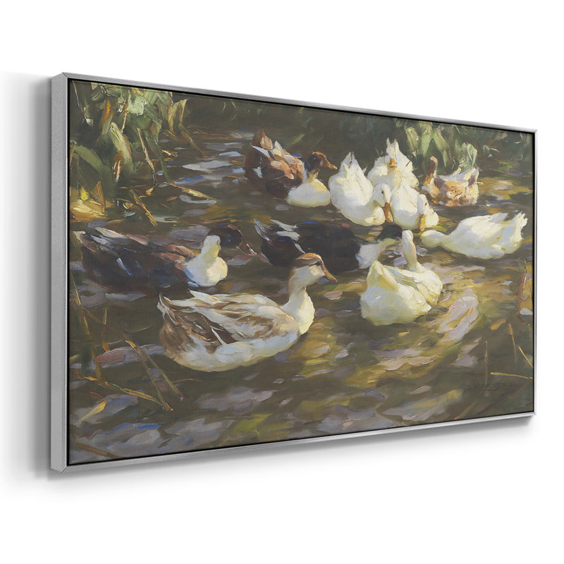 Canards blancs dans l'étang - Toile tendue avec châssis, prête à accrocher, H 21 po x l 41 po, Argent argent