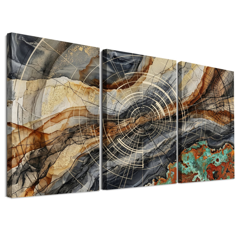 Ensemble de 3 toiles murales abstraites à texture géométrique et motifs concentriques dorés, 24"H x 16"W x 3pcs