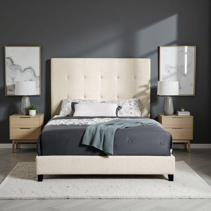 Grand lit plateforme tapissier capitonné beige