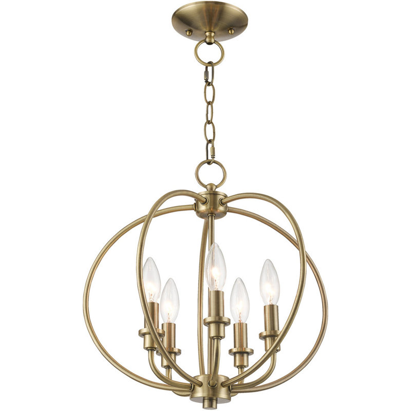 Lustre en forme de globe à 5 lumières de style bougie Remer, Laiton antique