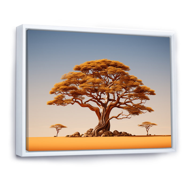 Arbre africain Tonnelle IV sur toile, Cadre flottant blanc, H 16 po x l 32 po
