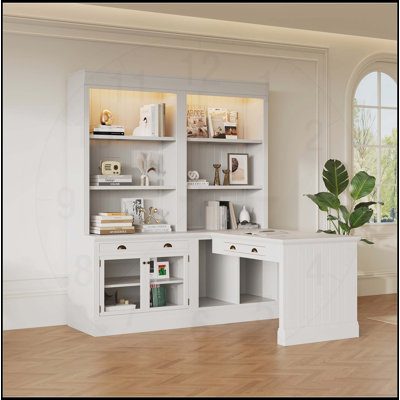 83.4 Inch Tall Modern Bookcase & Writing Desk Suite with LED Lighting, Drawers, and Open Shelves for Home Office and Study Room