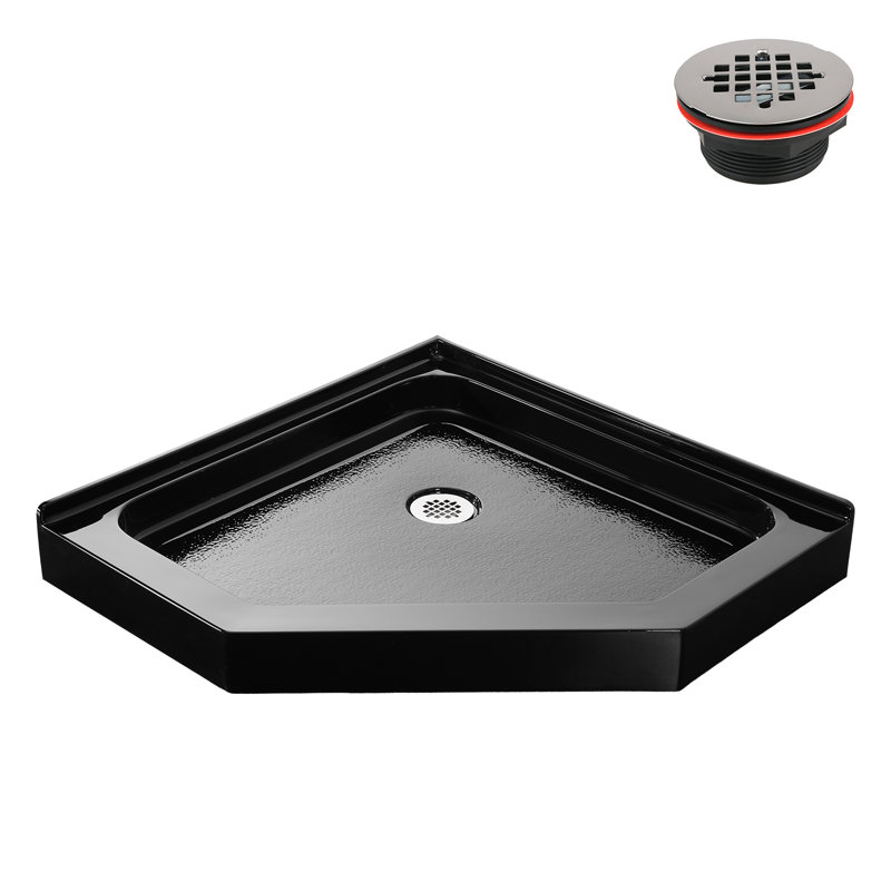 36 in. x 36 in. Corner Acrylic Shower Base in Glossy Black With Corner Drain, Drain Included, Glossy Black
