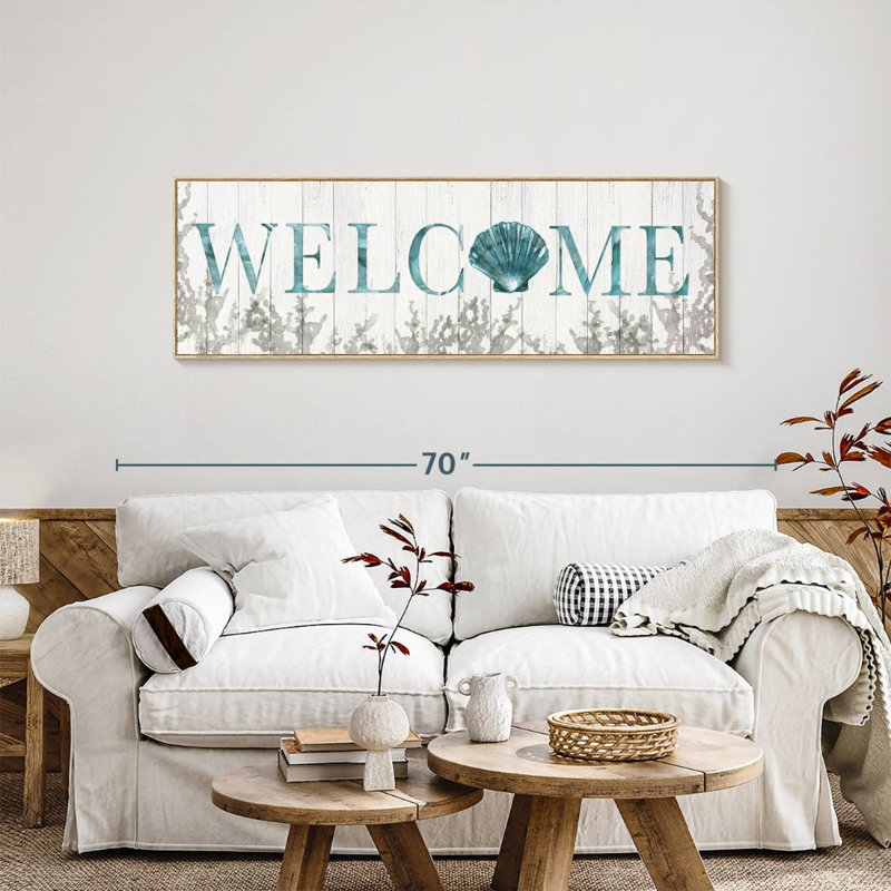 Plaque murale «Welcome Shell», Cadre flottant en bois naturel, 57 po x 19 po