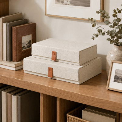 Set of 2 Linen Photo Storage Boxes with Lids