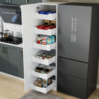 Tall Slim Pantry Storage Cabinet with 6 Pull-Out Drawers, 15.75" W x 15.75" D x 59.06" H, Particle Board and MDF, 1-Piece, Freestanding Single-Door Kitchen Cupboard, White, Narrow Vertical Design