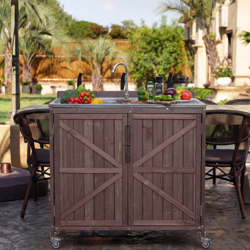 Îlot de cuisine extérieur Elara 39,4 "avec évier intégré et grand rangement, Marron foncé