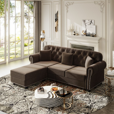 82.6" Velvet Upholstered Chesterfield Sofa Rolled-Arm Tufted Sofa Couch with Ottoman and 3 Pillows