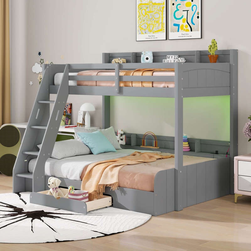 Lit simple superposé au dessus d'un lit double avec tiroir de rangement, lit en bois massif avec tablettes, DEL, station de charge pour enfants, adolescents, adultes