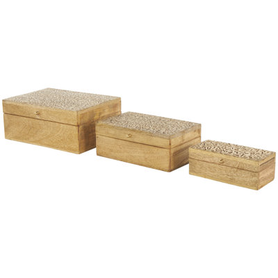 Alue Mango Wood Handmade Storage Scroll Decorative Brown Box with Vine Carvings and Gold Accents Set