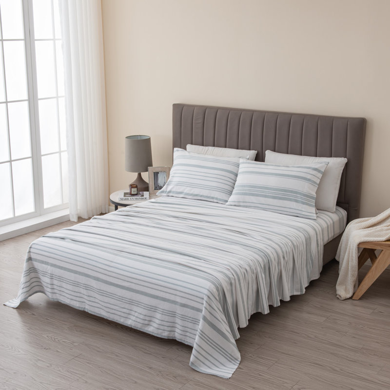 100% Cotton Heavy Flannel Sheet Set, King Sheet Set with 2 Pillowcases, Soft Blue Striped 