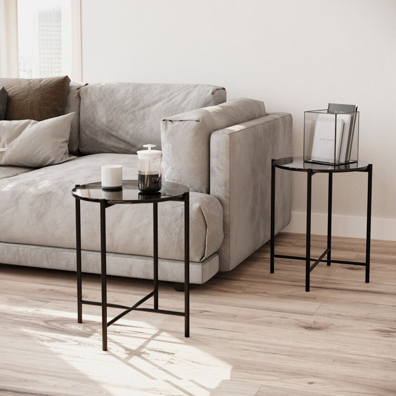 Set of 2 Pcs Marble Effect Tops Square Side End Coffee Table Metal Frame, Black