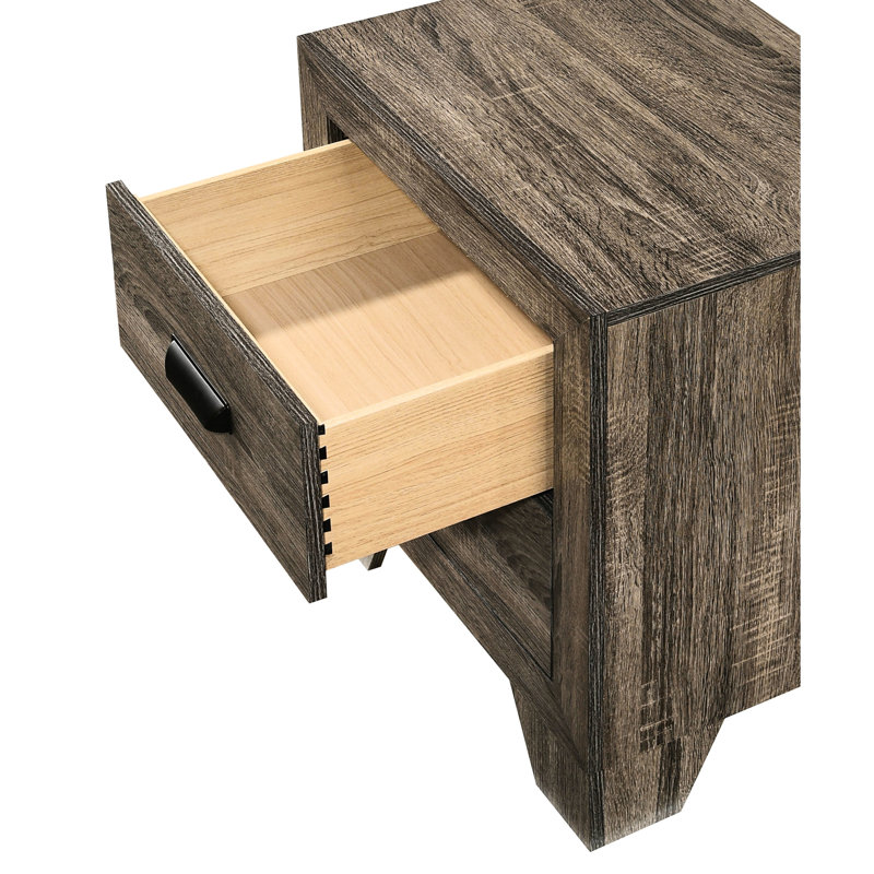 Table de chevet rustique grise avec 2 sections de tiroir, quincaillerie en métal 2 tons, support