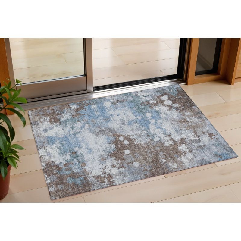 3' X 5' Brown And Sky Blue Abstract Washable Indoor Outdoor Area Rug