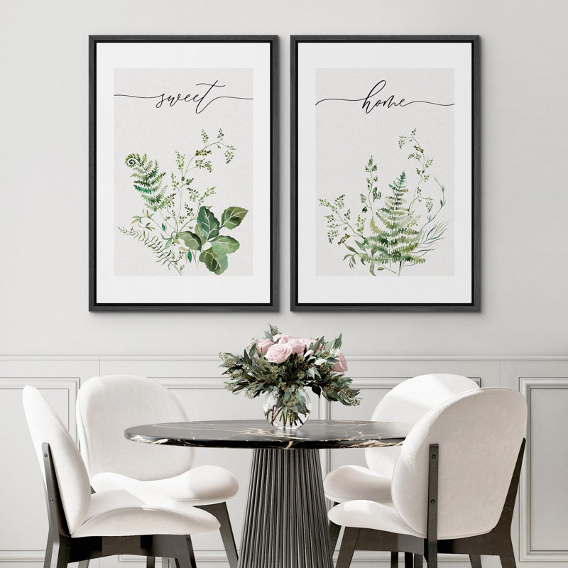 «Botanical Sweet Greenery Prints With Calligraphy Text», 2 pièces sur toile, Cadre noir, H 36 po x l 24 po
