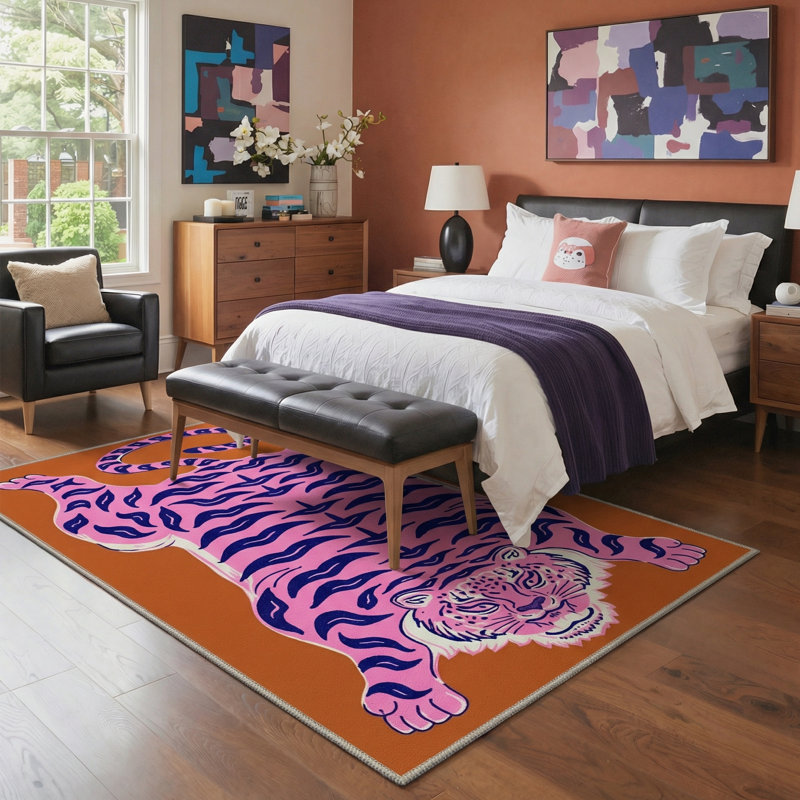 Kai Sunset Jungle Tiger Animal Machine Washable Print Orange / Pink / Blue Indoor Area Rug with Non-Slip Backing