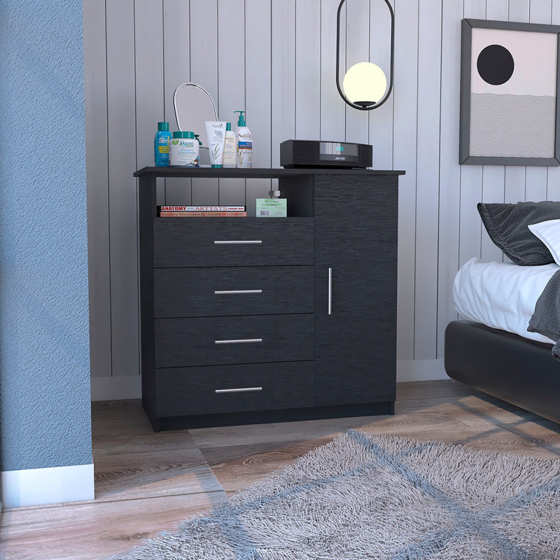 Commode 4 tiroirs, 1 tablette ouverte, plateau supérieur, armoire à une porte, noir, Noir