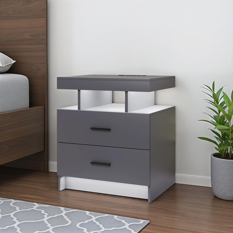 Table de chevet 2 tiroirs Ashten, Gris mat