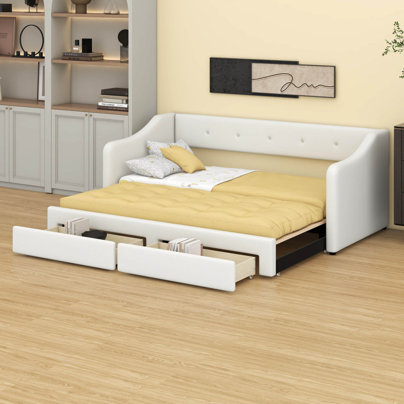 Twin XL To King Size Upholstered Daybed With Two Drawers, Linen Sofabed,No Box-Spring Needed, Beige