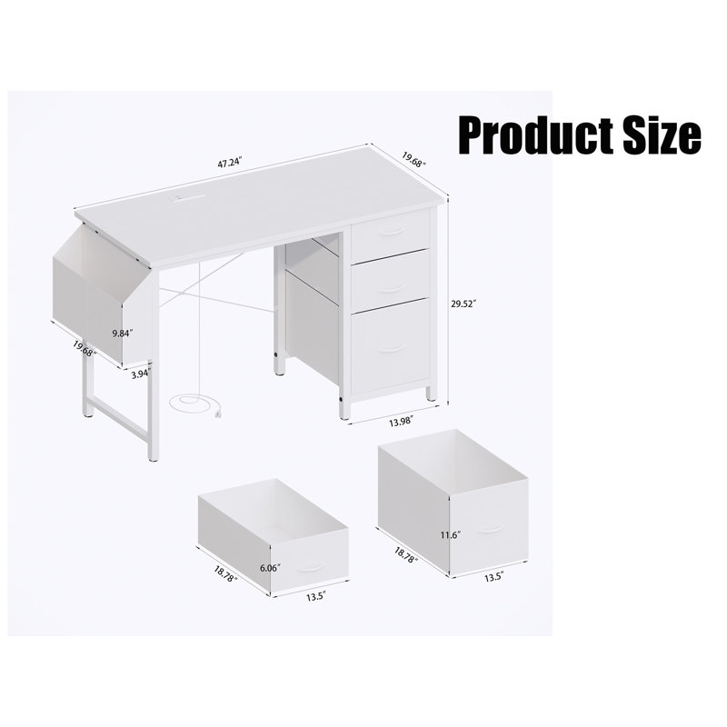 Office Desk With Power Outlet, White, White