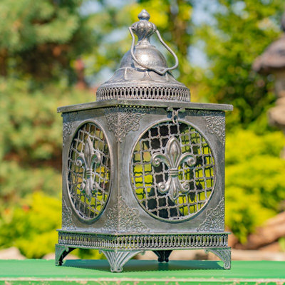 19in. Tall Fleur-De-Lis Square Iron/Glass Lantern