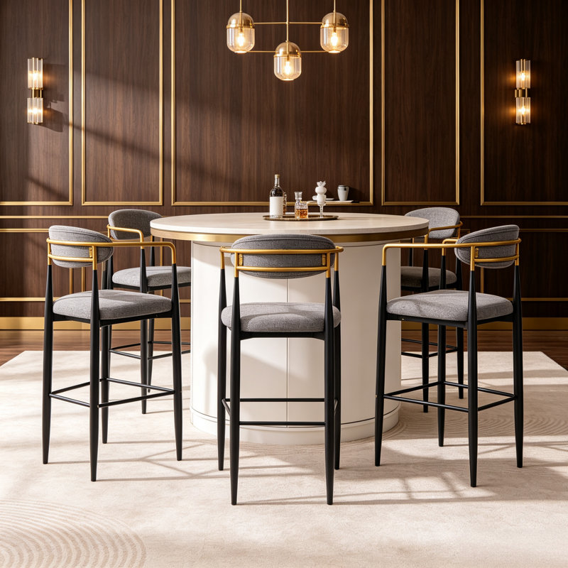 Ensemble de 6 tabourets de bar, hauteur d'assise de 76 cm, tabourets de comptoir modernes rembourrés, tissu gris avec accoudoirs dorés, structure ergonomique en métal noir pour îlot de cuisine et comptoir de salle à manger
