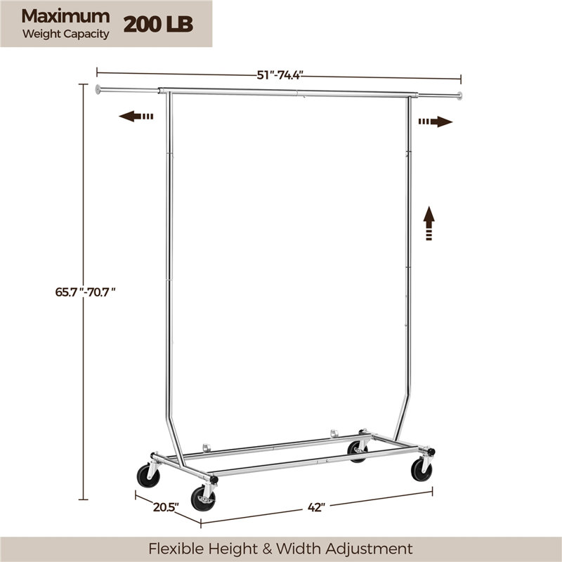 Dwight Metal Adjustable Rolling Clothing Rack, Silver