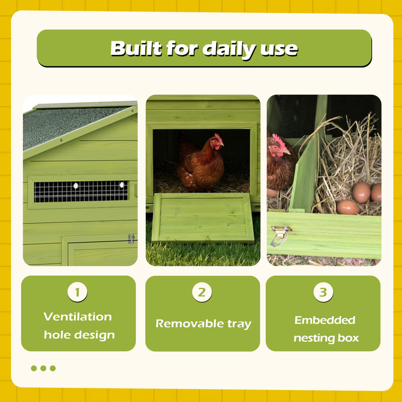 70＂Large Wooden Chicken Coop with 2 Nesting Box, Green