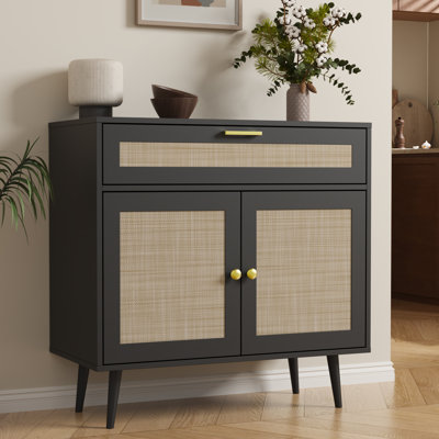 Rattan Sideboard Buffet, Boho Kitchen Cabinet With Drawer & 2 Doors, Modern Mid Century Accent Cabinet With Adjustable Shelf, Coffee Bar For Living Room, Entryway, Kitchen, Black