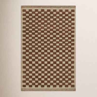 Azle Brown Beige Hand-Woven Checkered Wool Rug