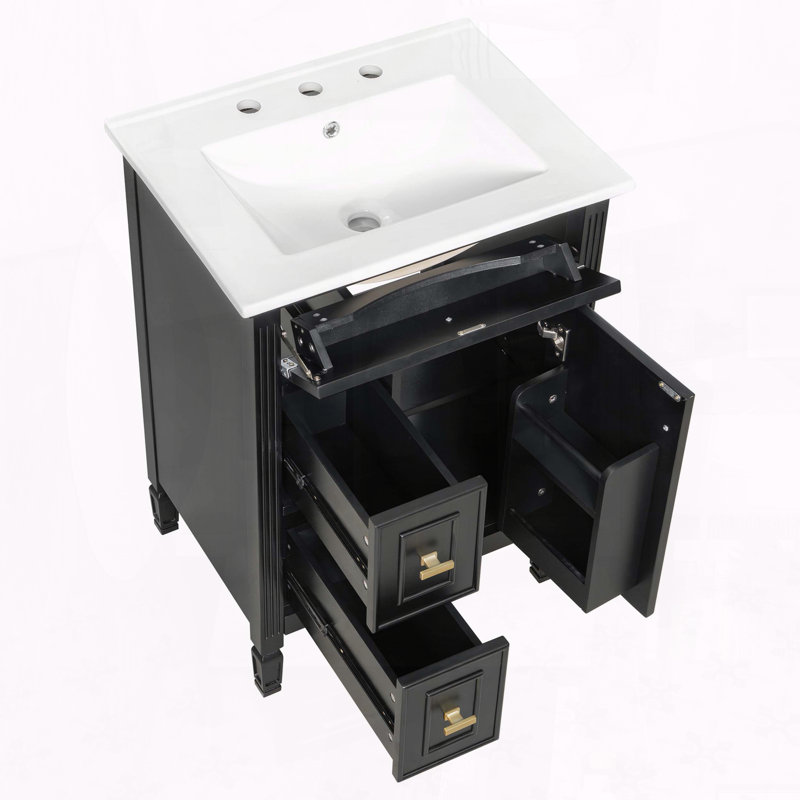 Meuble-lavabo moderne de 24 pouces avec lavabo en cÃ©ramique et tiroir Ã  abattant, Black